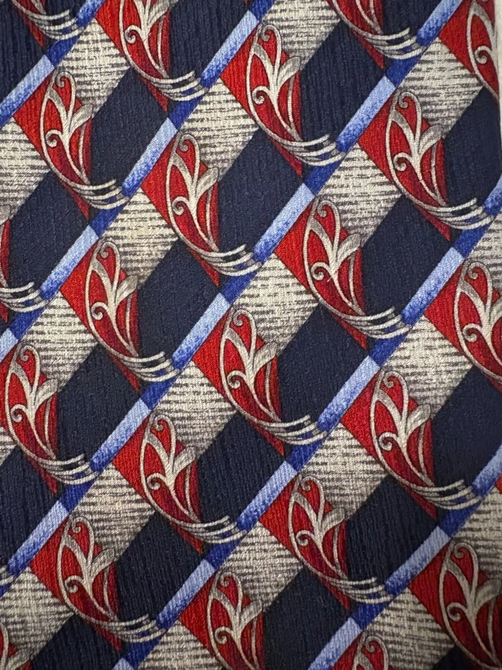 Vintage Richel Handmade Silk Tie Geometric Art Deco Navy Red Silver TMB Men's Ne
